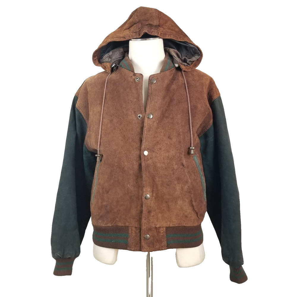 Vintage Vaggio Suede Leather Hooded Jacket Men’s Medium Brown Green Bomber Korea